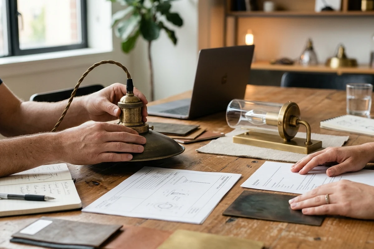 Close-up of hands reviewing brass lighting fixtures and technical drawings on a wooden table during a restaurant lighting supplier consultation.