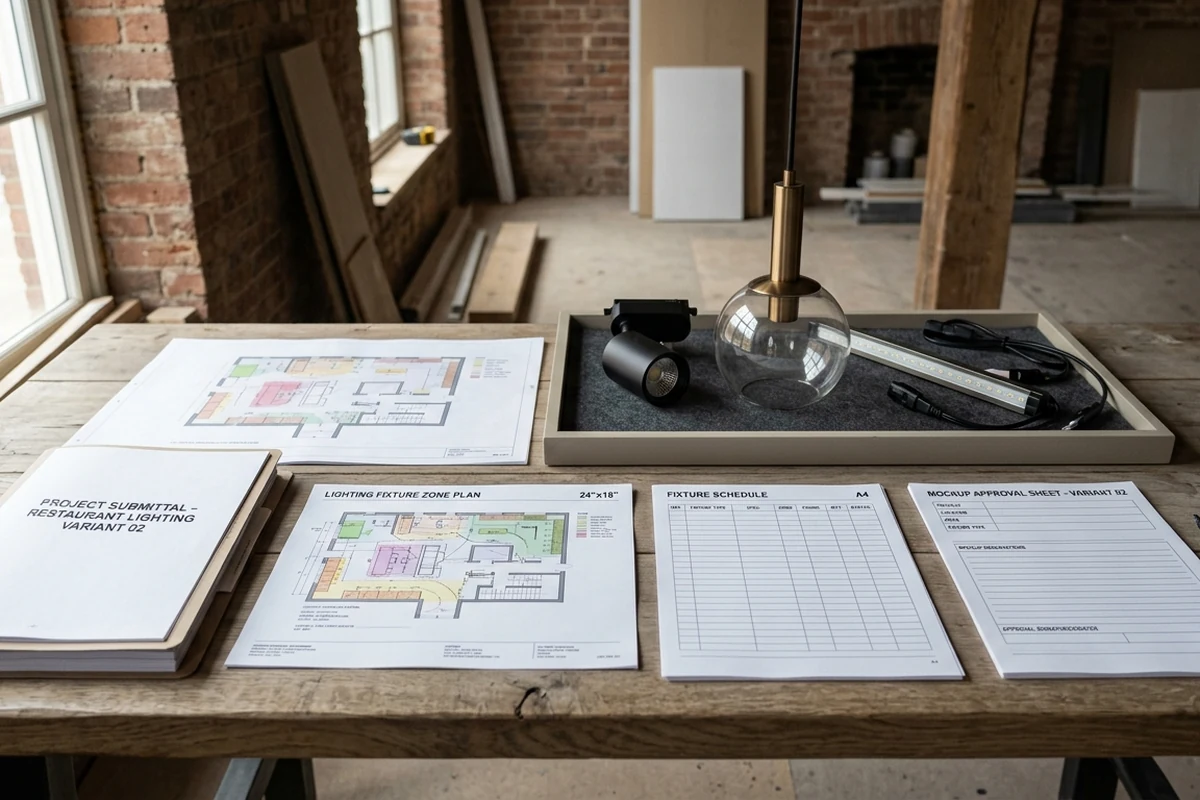 A wooden workbench displaying restaurant lighting project documents including a fixture schedule, zone plan, and mockup approval sheet alongside physical lighting samples like a pendant light and track head.