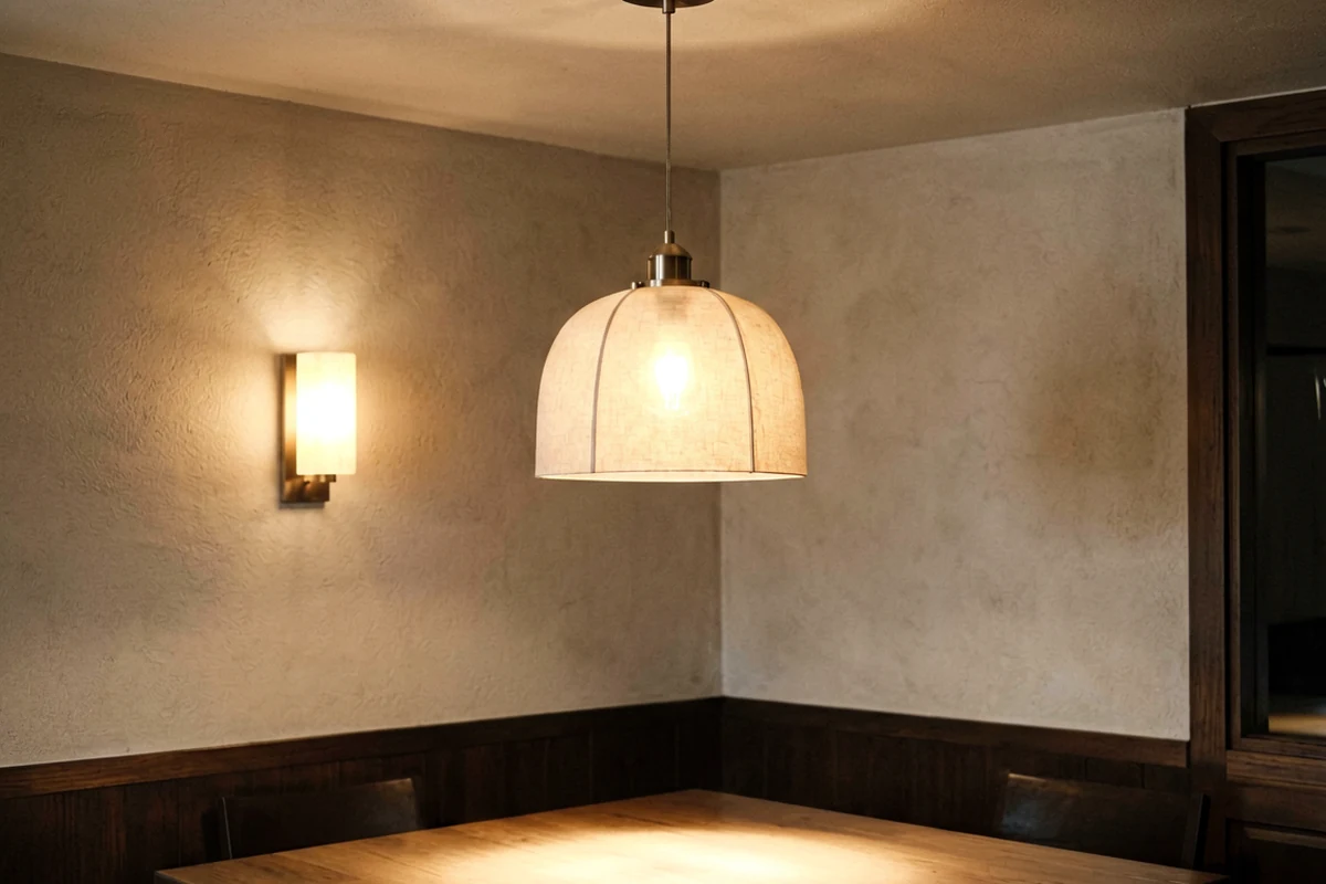 Warm pendant light with a textured fabric shade hanging over a wooden dining table in a restaurant corner, accompanied by a wall sconce.