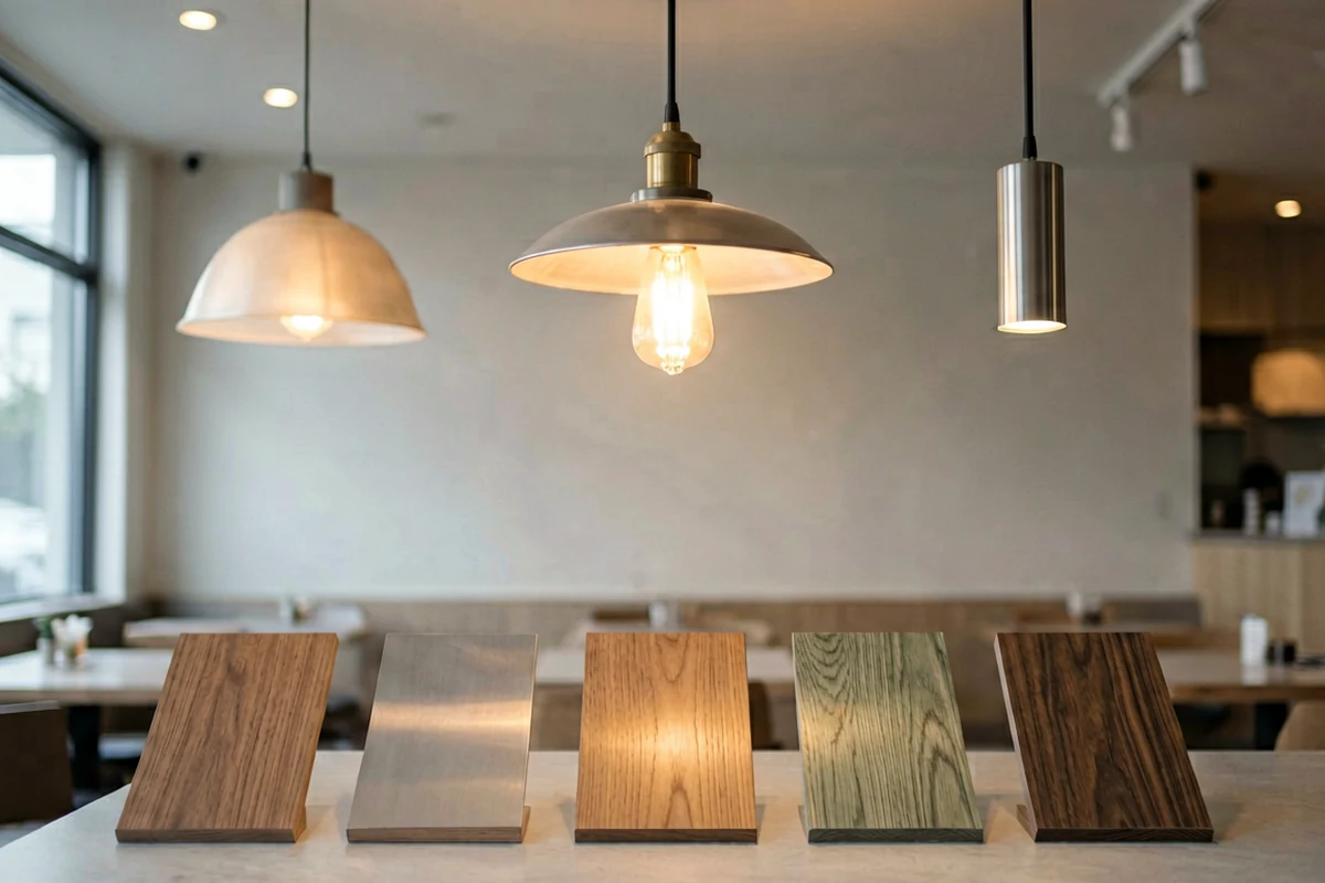 Three different styles of pendant lights hanging above a row of five material samples on a counter in a restaurant setting.