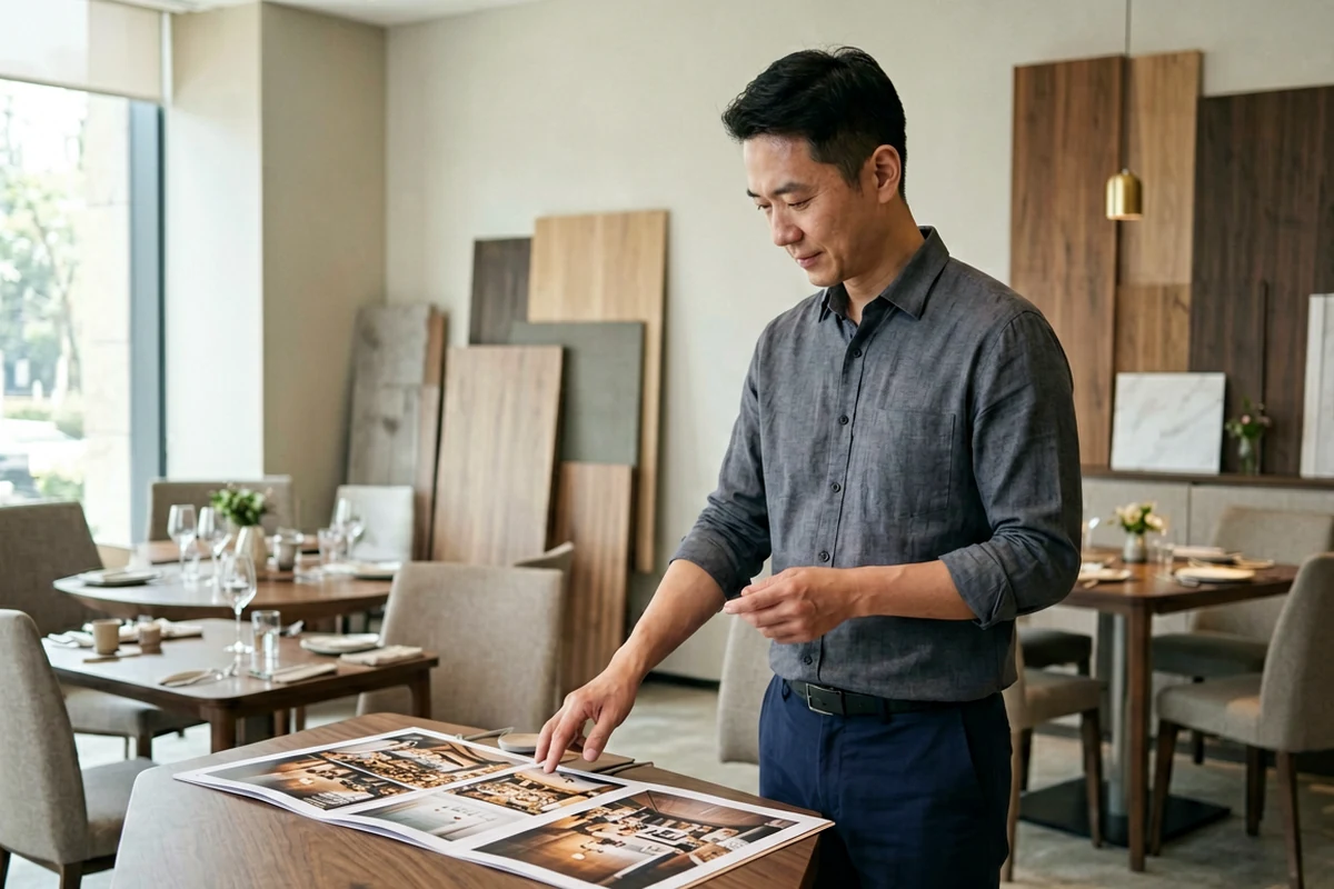 Man reviewing lighting design catalog in a modern restaurant showroom with sample wood panels and dining tables.