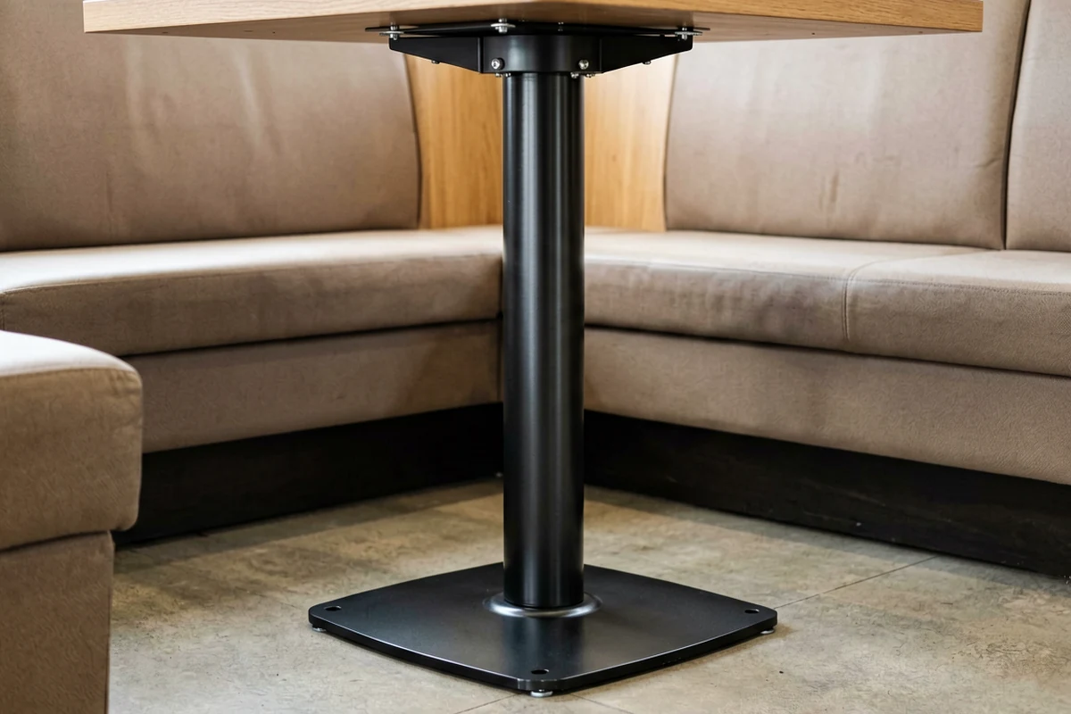 Close-up of a black metal pedestal table base supporting a wooden table top next to beige booth seating.