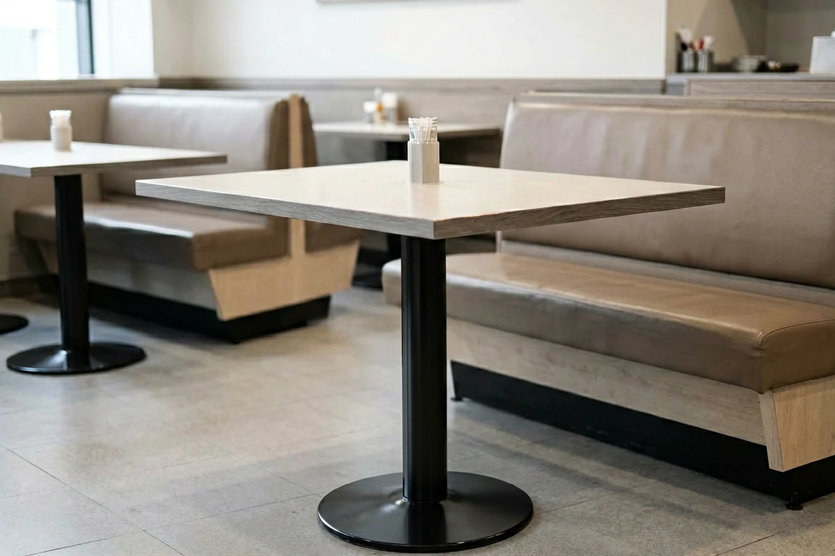 Modern restaurant booth seating featuring a light wood table with a black pedestal base, highlighting stability and floor space efficiency.