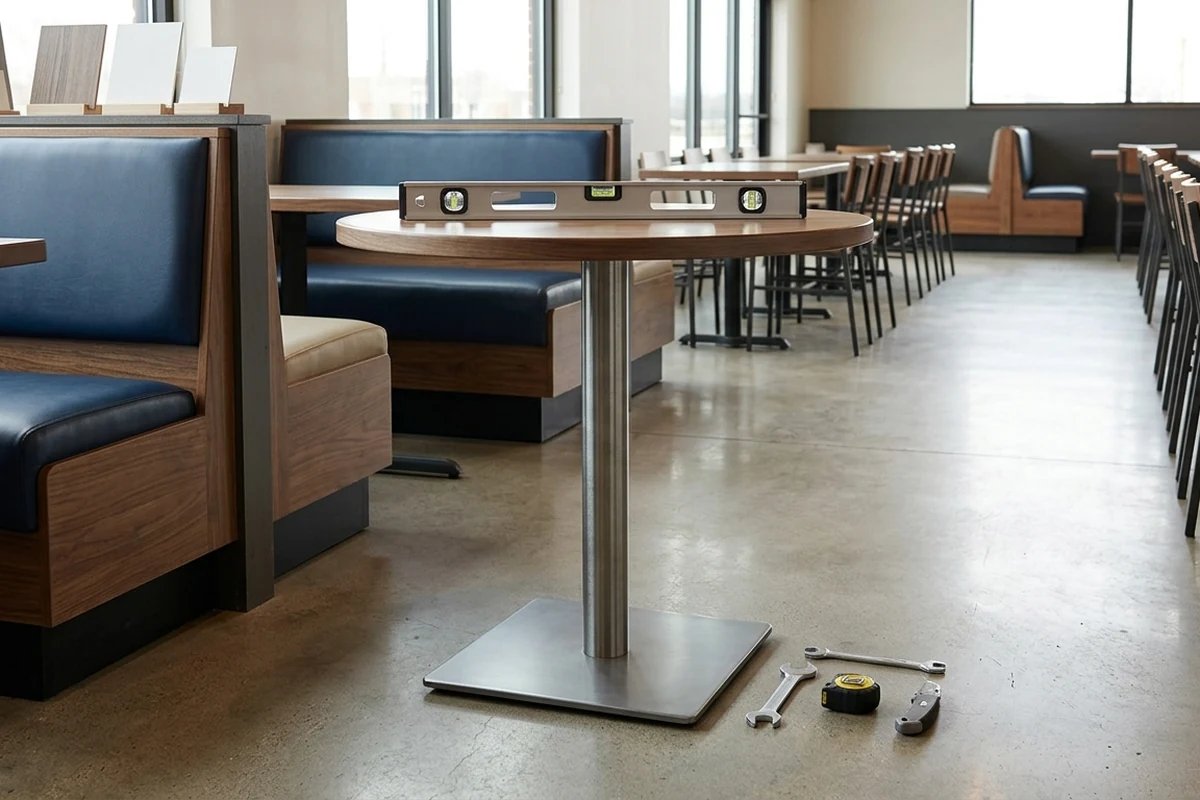 A restaurant table is checked with a spirit level while hand tools rest on the floor beside installed booth seating.