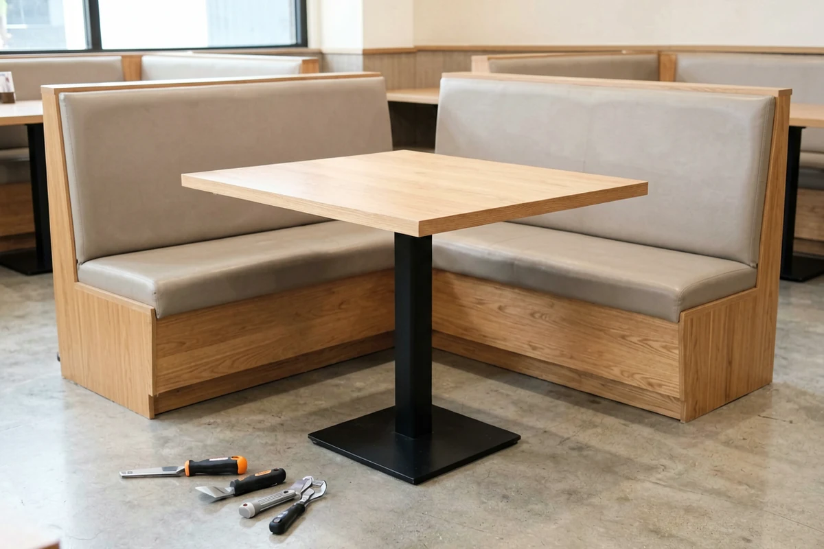 A square wooden restaurant table with a black pedestal base installed between two beige upholstered booths, with assembly tools on the floor.