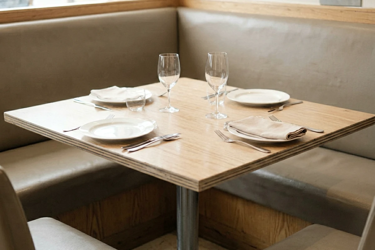 A neatly set wooden dining table in a restaurant booth with two place settings, wine glasses, and silverware.