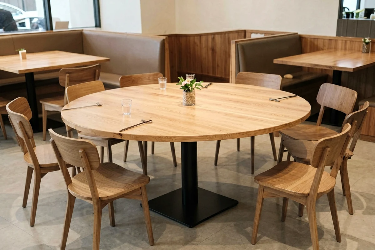 A large round wooden dining table surrounded by six matching chairs in a modern restaurant setting, illustrating optimal seating capacity.