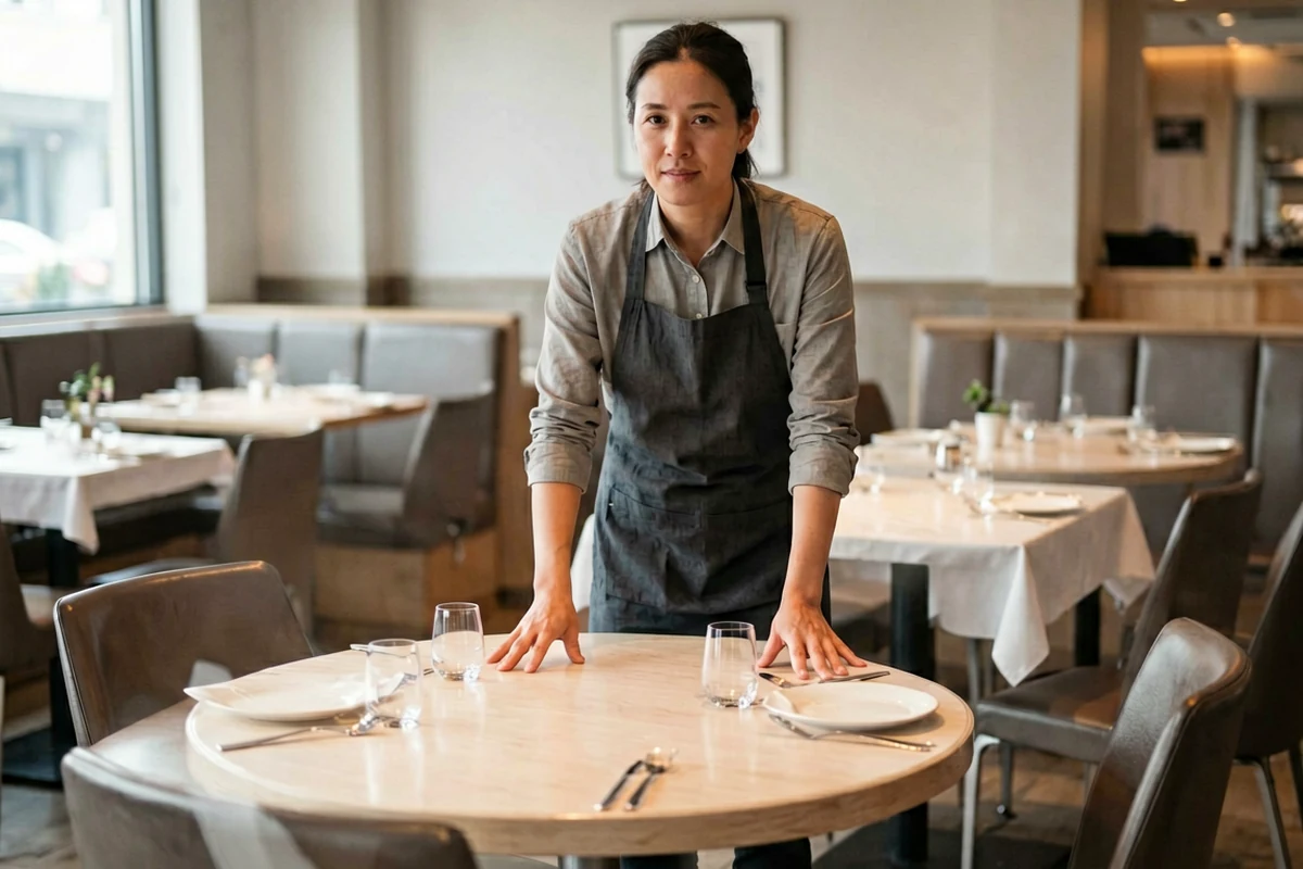 A female restaurant staff member in an apron stands behind a neatly set round dining table in a modern restaurant.