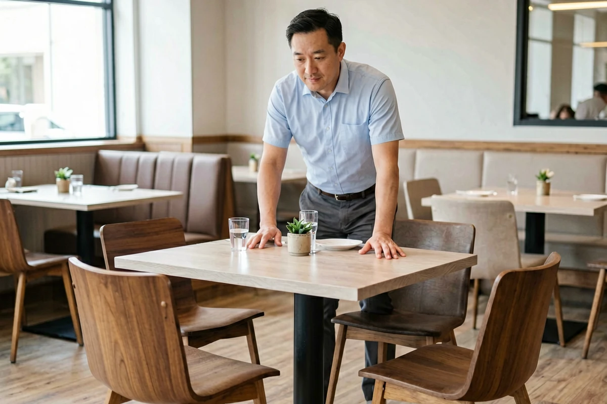 A man standing next to a square dining table set for two in a modern restaurant, demonstrating table capacity.