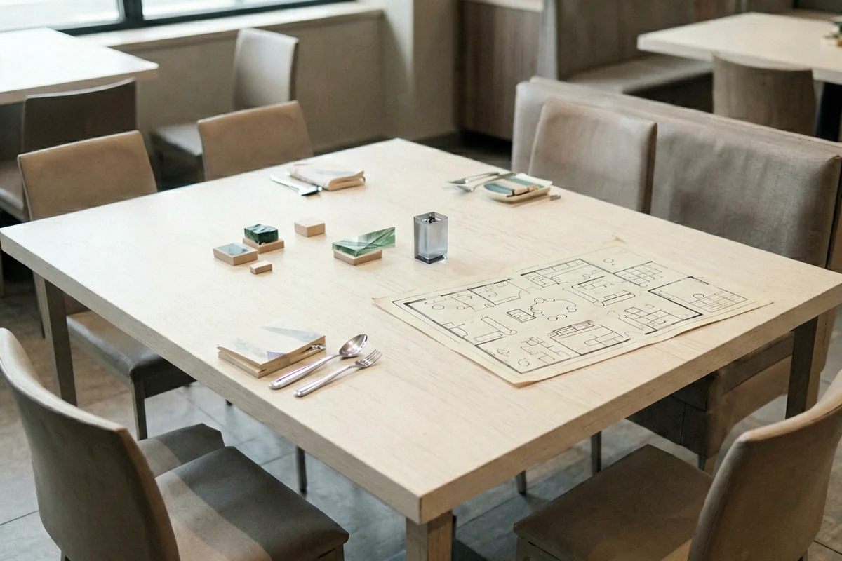 A light wooden dining table set with silverware and napkins, displaying an architectural floor plan and small decorative blocks to illustrate table capacity and layout planning.