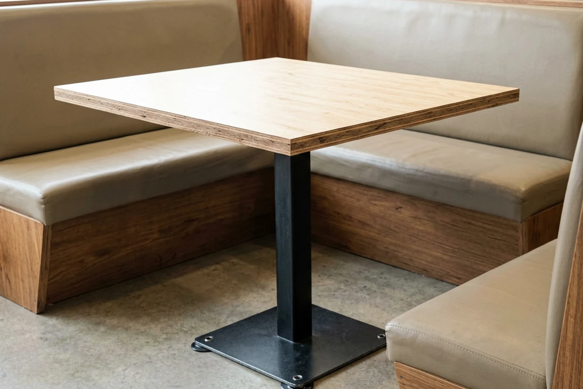 A square light wood plywood table with a black metal pedestal base situated between two beige upholstered restaurant booths.