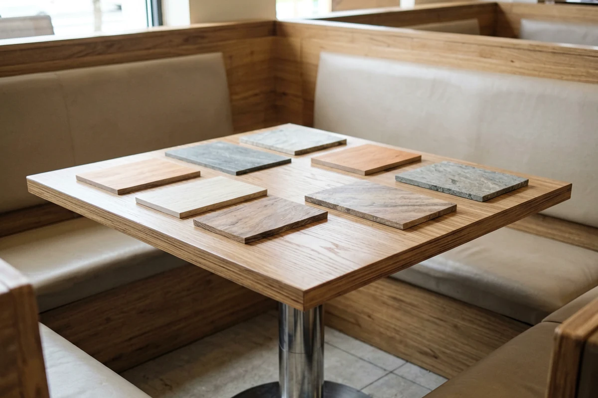 A square wooden dining table displaying various rectangular samples of different materials including wood grains and stone textures, set within a restaurant booth.
