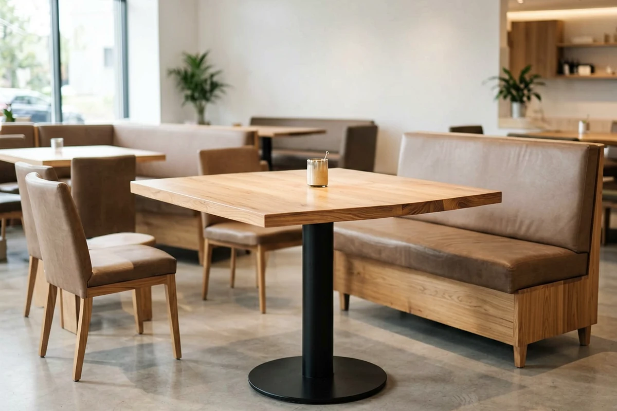 Modern restaurant interior featuring a light wood dining table with a black pedestal base, surrounded by upholstered chairs and a matching wooden booth bench.