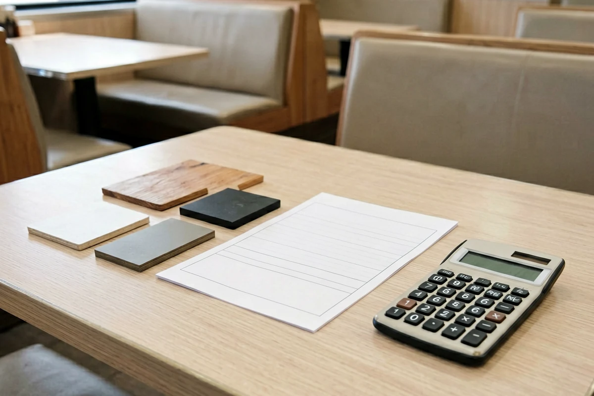 A restaurant table displaying material samples, a blank cost sheet, and a calculator.