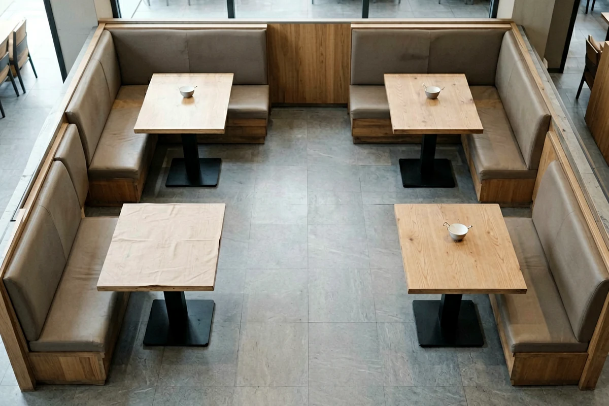 High-angle view of a modern restaurant dining area featuring four U-shaped wooden booths with beige upholstery arranged around square tables on a grey tiled floor.
