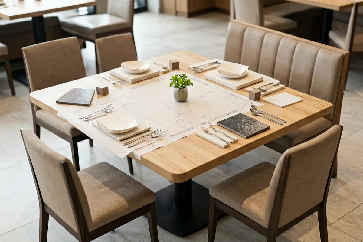 A wooden dining table set for four with chairs and a bench, featuring a blueprint of a floor plan on the table surface.