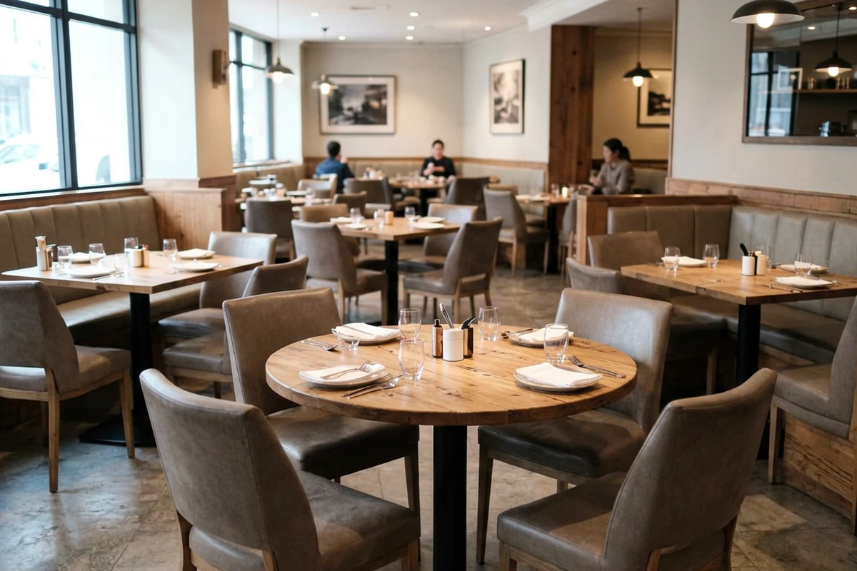 Modern restaurant dining room featuring round wooden tables with upholstered chairs and booth seating along the walls, illustrating proper table layout and spacing.