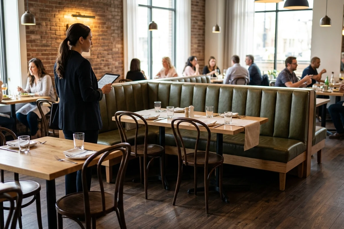 A restaurant staff member reviews the dining area beside installed green booths and loose tables.