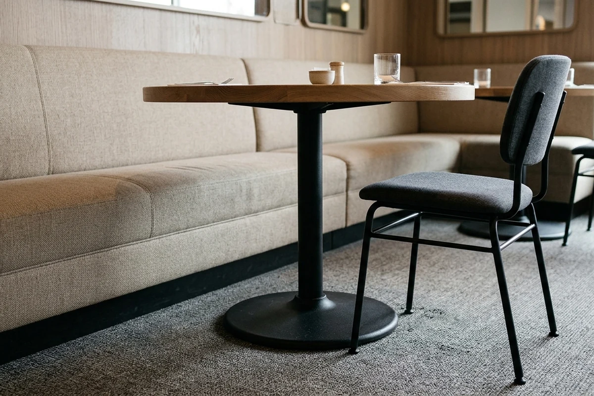 Restaurant table positioned between booth seating and a loose dining chair.