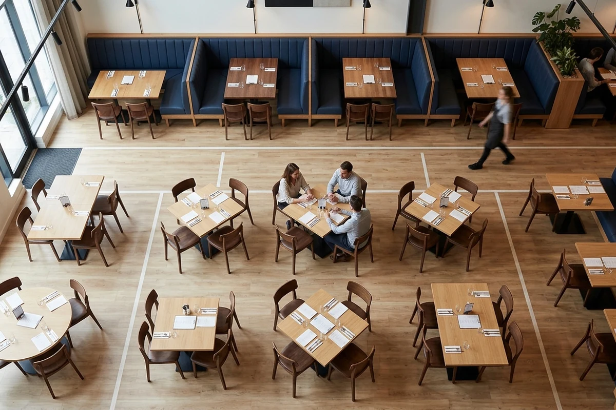 Overhead view of a restaurant dining room with tables, booth seating, and a central walking path.