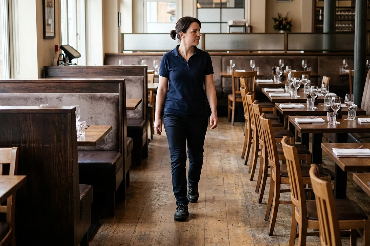 Restaurant server walking through an aisle between tables and booths in a dining room.