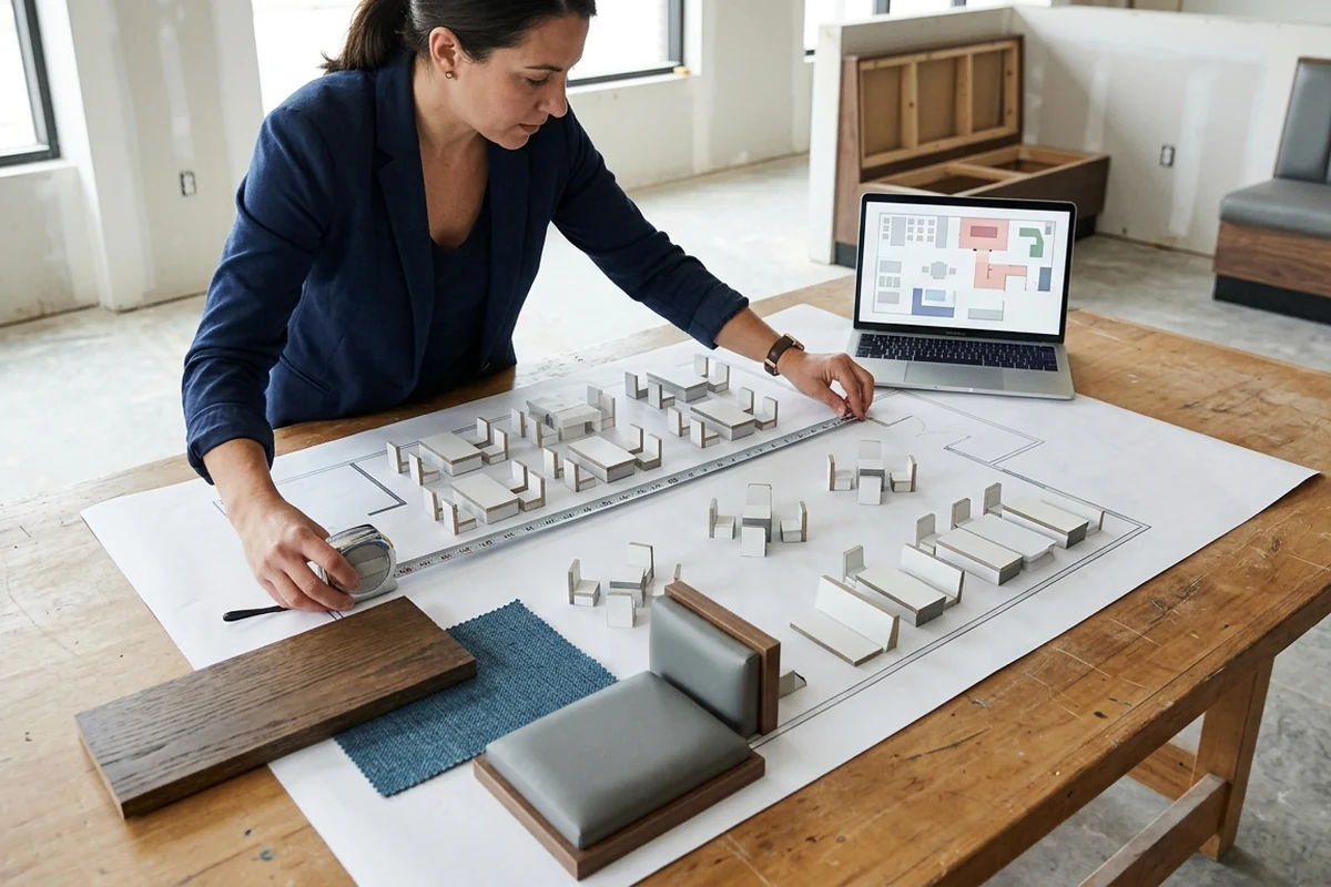 Designer measuring a restaurant layout plan with furniture samples on a work table.