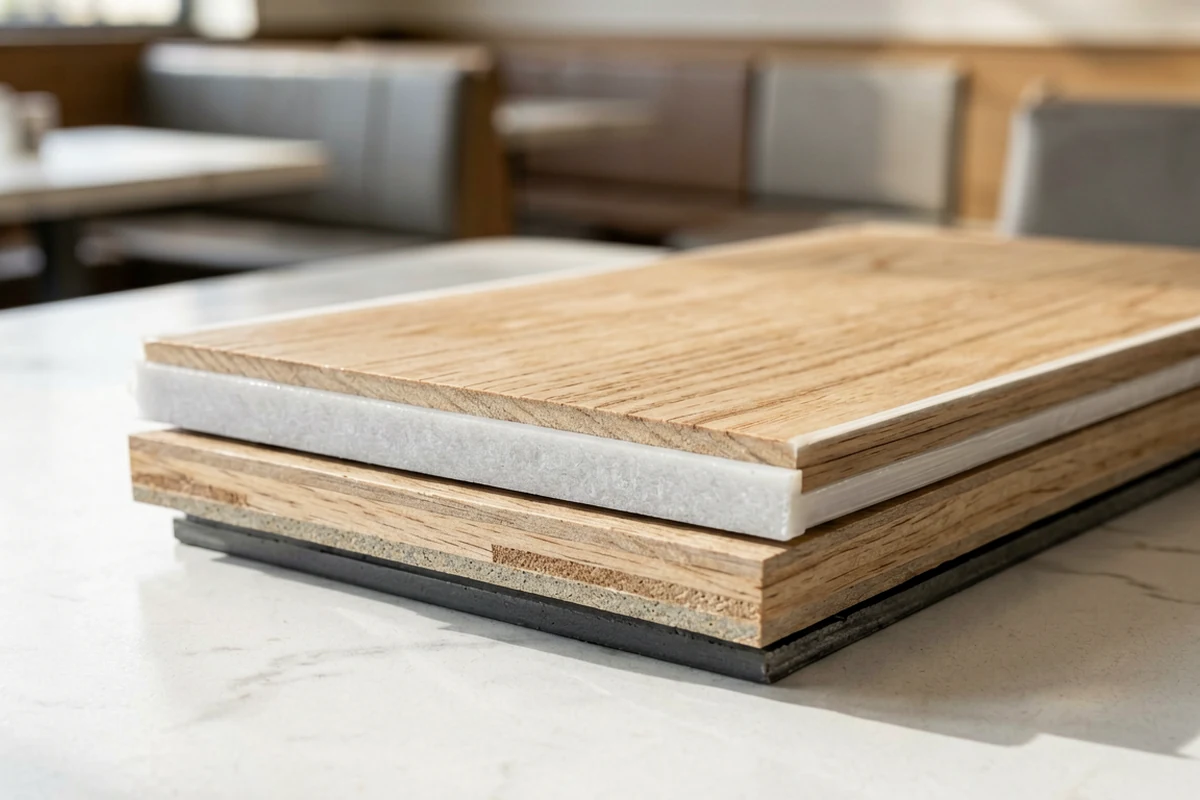 Stack of commercial flooring material samples including wood-look vinyl, laminate, and concrete on a white countertop.