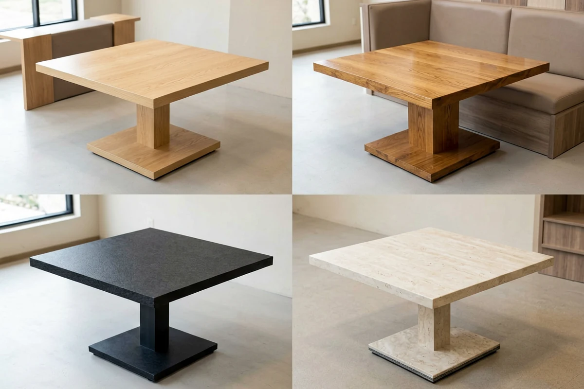A composite image displaying four variations of a modern square pedestal table in different materials: light oak wood, dark walnut wood, matte black stone, and cream travertine marble.
