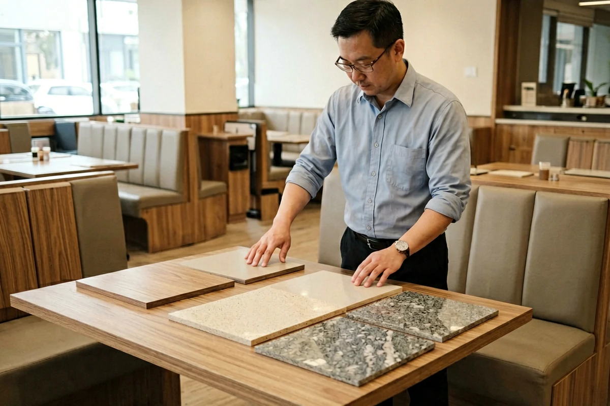 Interior designer selecting durable tabletop materials like wood, stone, and laminate for a restaurant project.