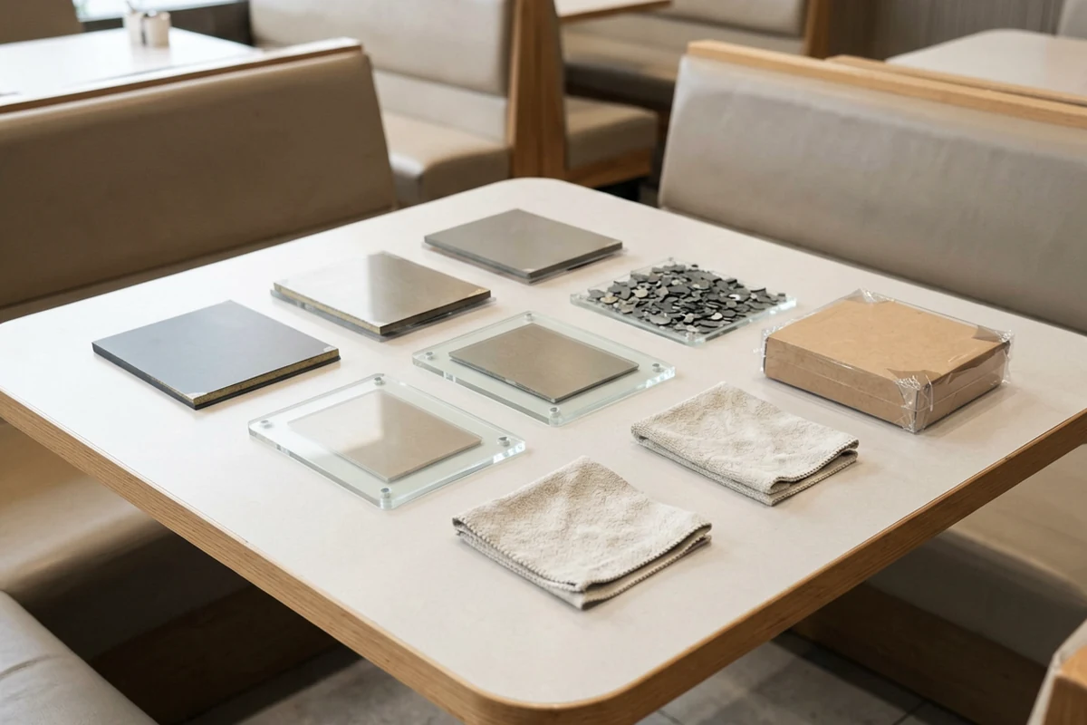 A variety of material samples including tiles, fabrics, and wood finishes arranged on a restaurant table for interior design selection.