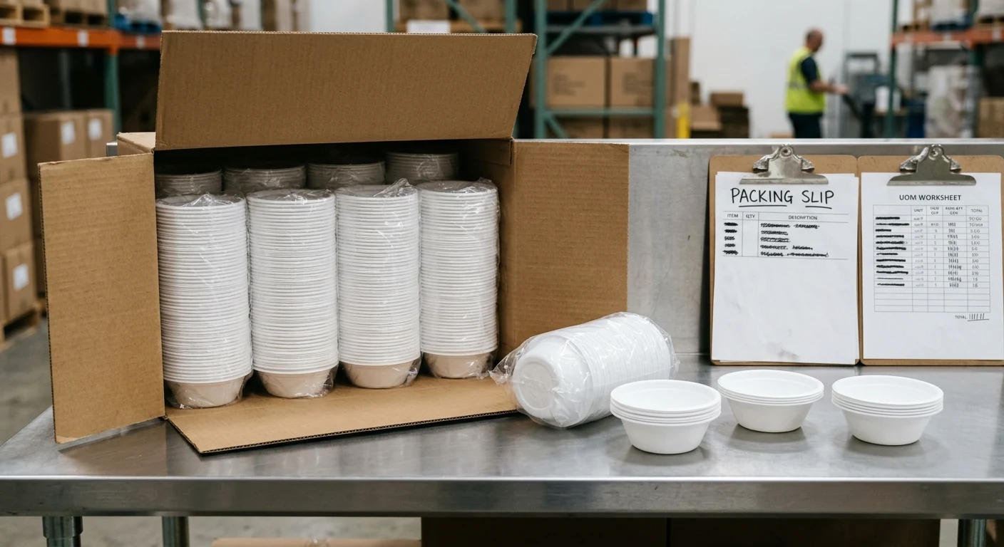 Disposable serviceware case pack opened beside unit-of-measure and receiving records.