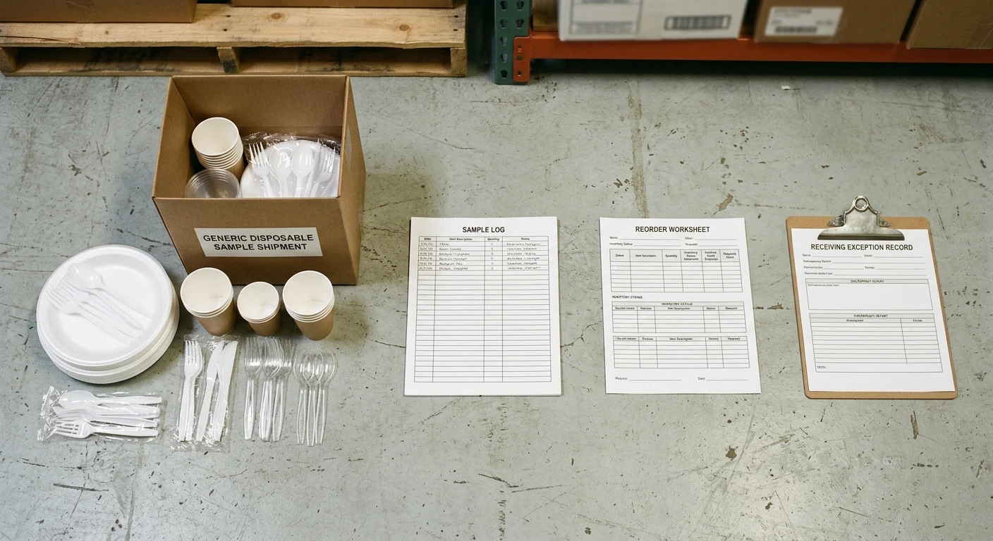 Disposable serviceware sample log, reorder worksheet, exception record, and supplier carton.