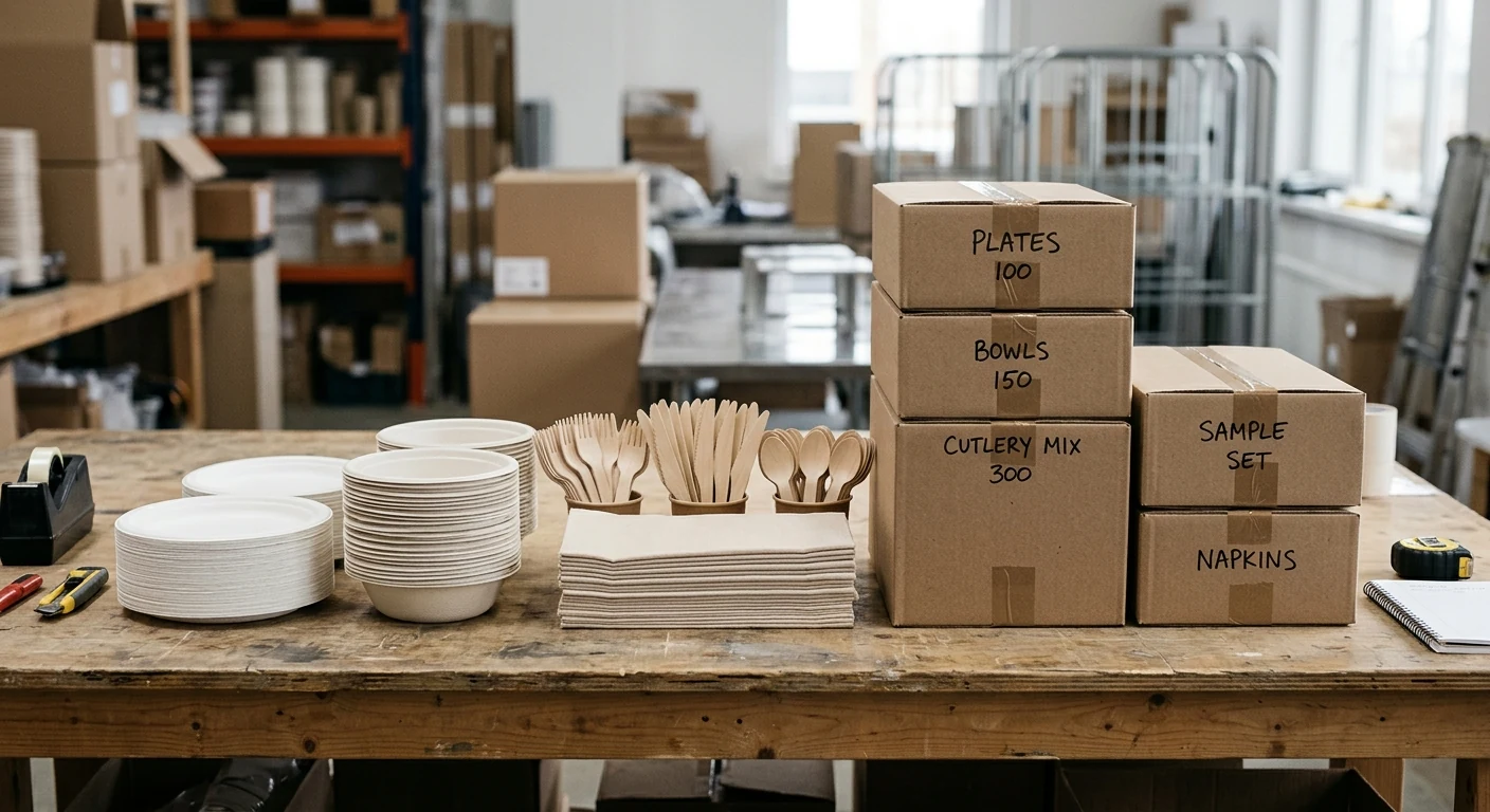 Generic disposable serviceware assortment organized by service point with sealed sample cartons.