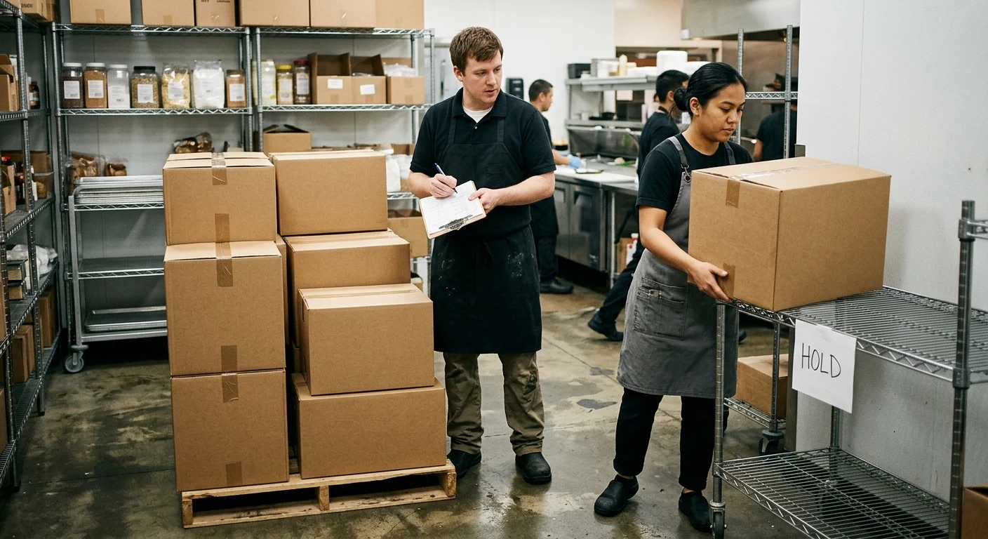 Restaurant receiving team checking disposable serviceware cartons against a packing list.