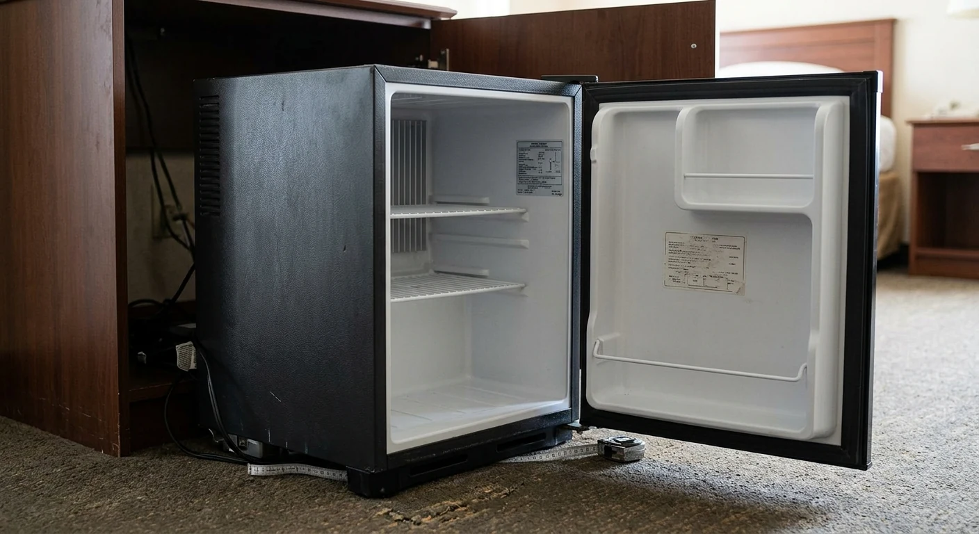 Compact guest-room minibar unit prepared for model and specification verification.