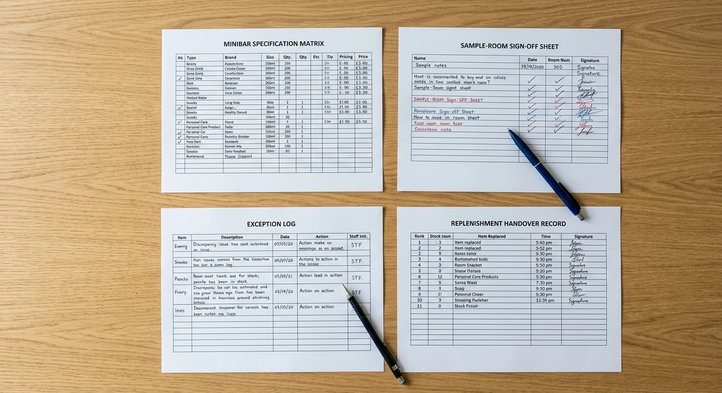 Minibar specification, sample-room sign-off and replenishment handover records on a table.