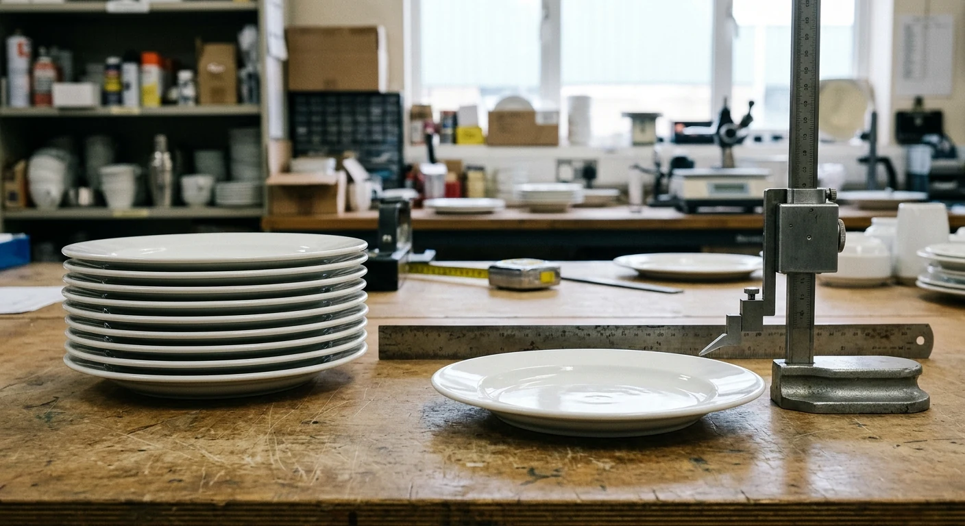 Stacked hospitality plates beside non-reading measurement tools during a sample inspection.
