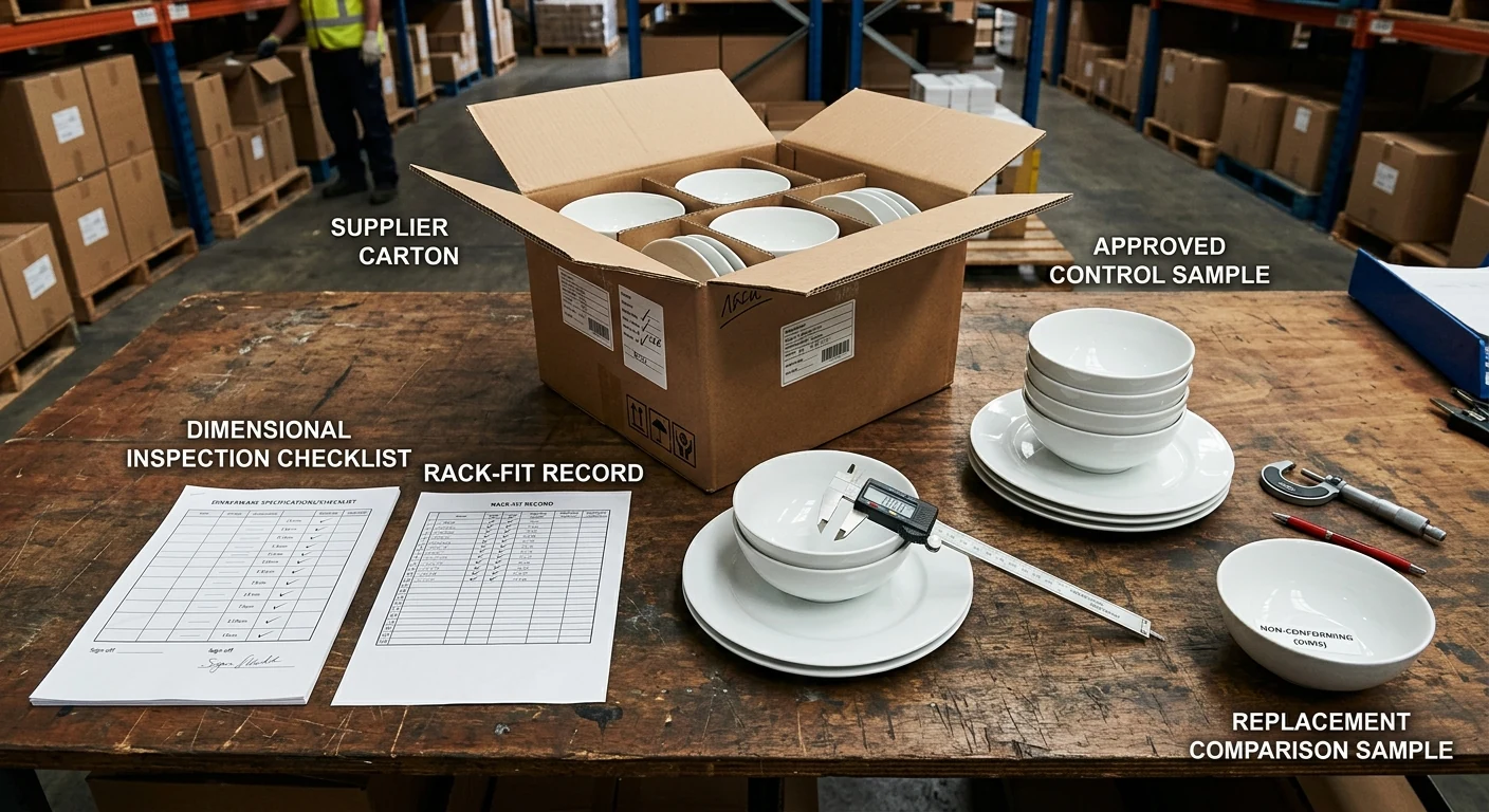 Dinnerware control sample, carton, inspection record, and replacement comparison setup.