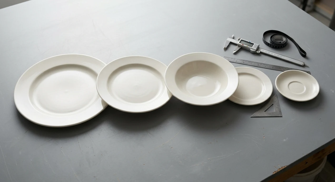 Hospitality plates arranged to compare outside diameter, rim profile, well profile, and overall height.