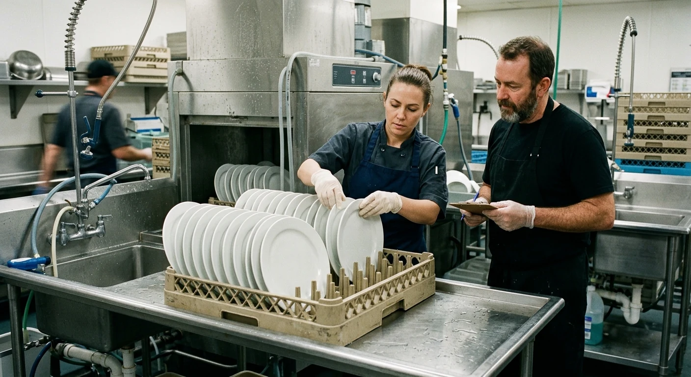 Dinnerware samples loaded in a warewashing rack for a physical fit and handling trial.