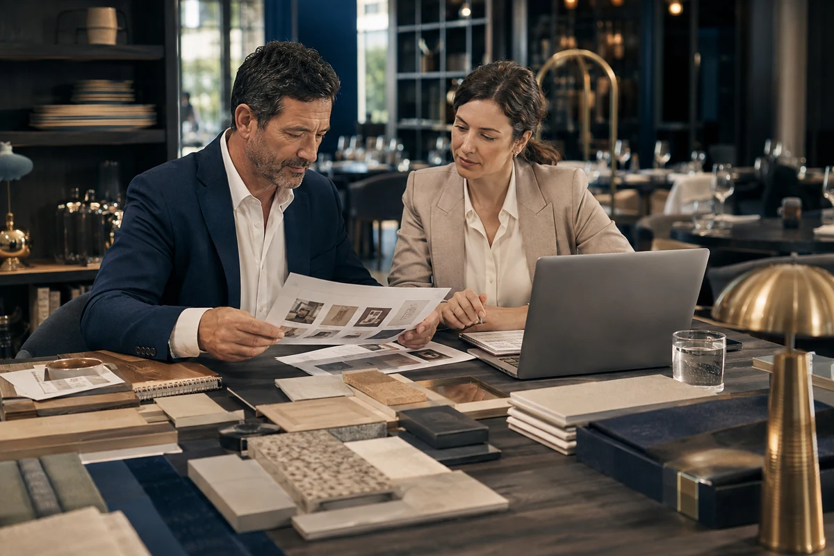 Australian hospitality procurement manager comparing supplier costs, samples and project requirements