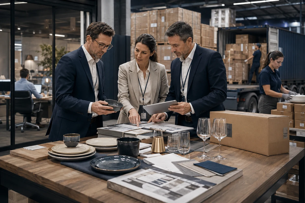 Professional sourcing team checking hospitality product samples, quality and consolidation before shipment