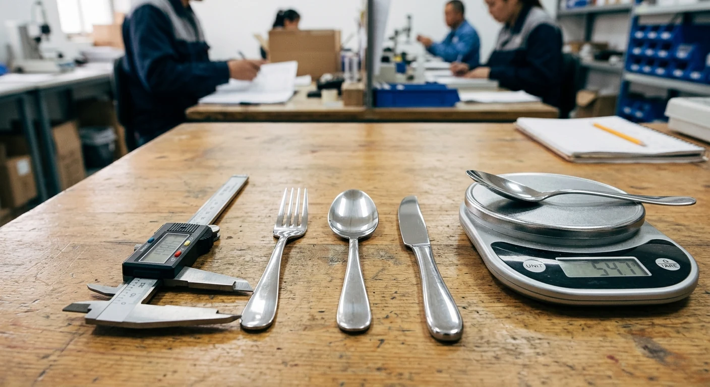 Fork, spoon, and dining table knife samples measured beside a procurement worksheet.