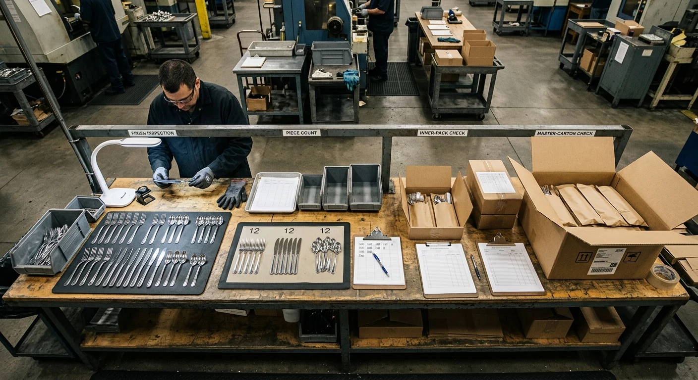 Cutlery sample approval and pack-out inspection arranged as a controlled workflow.