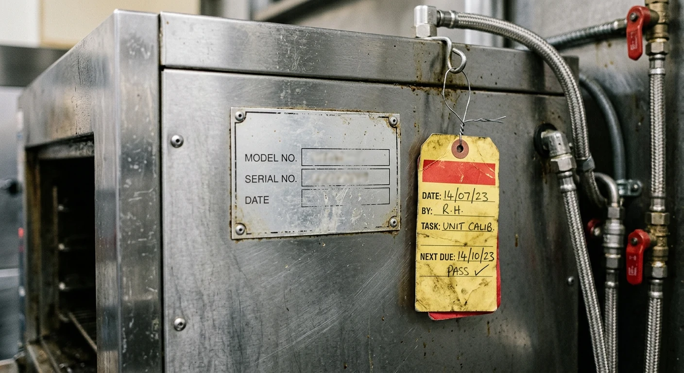Commercial kitchen equipment nameplate showing model and serial information.