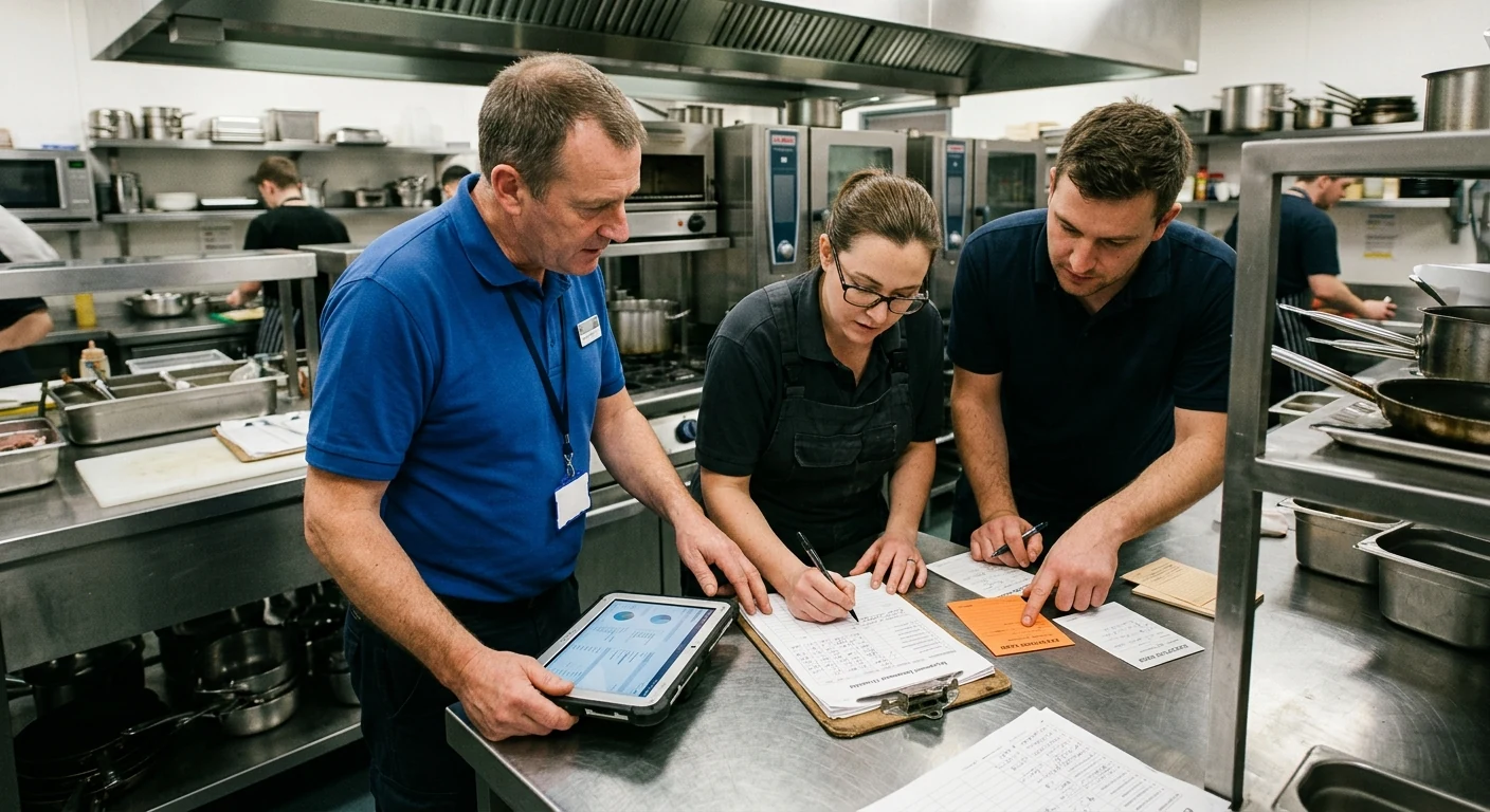 Hotel kitchen equipment handover register and exception checklist on a worktable.