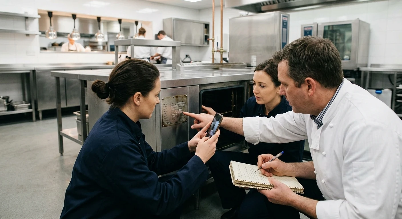 Operations team recording a commercial oven nameplate during hotel kitchen handover.