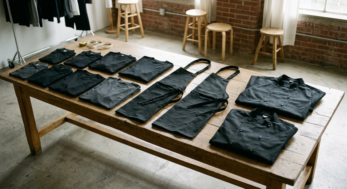 Restaurant uniform shirts and aprons arranged by size for sample fitting.