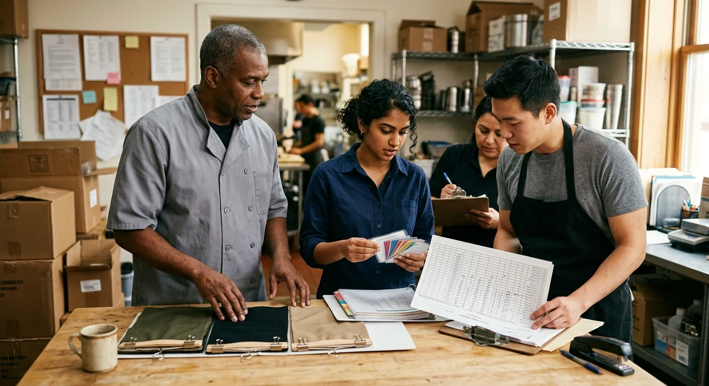 Approved uniform samples, replacement-size records and reorder cards on a table.