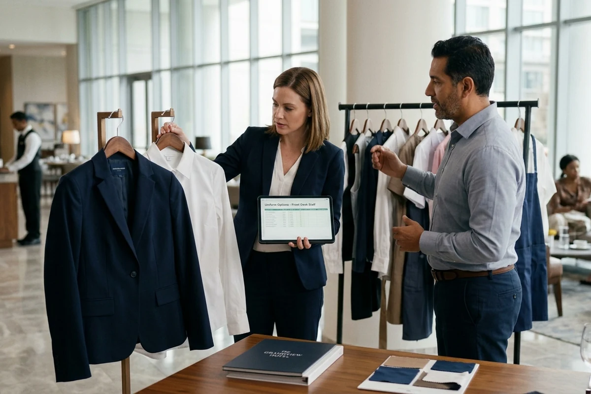 Restaurant operations staff comparing uniform samples during a fit session.